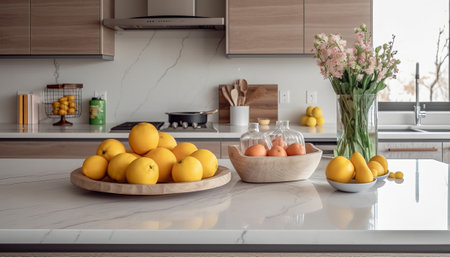 Lemons and orangesle countertop in modern kitchen interiorの素材