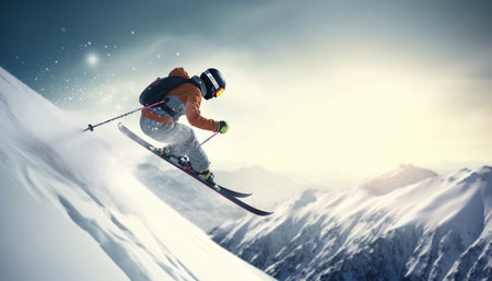 Flying skier on snowy mountains. Extreme winter sport. 3D Renderingの素材