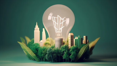 Green city and light bulb. Eco concept. 3D Renderingの素材