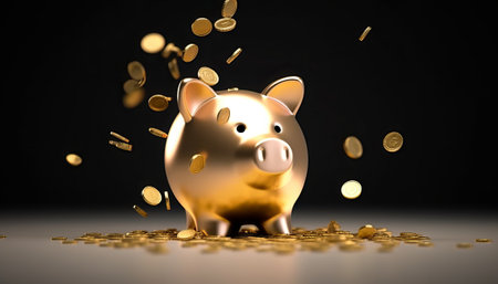 Golden piggy bank with falling coins on black background. 3D illustration.の素材