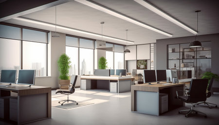 Modern coworking office interior with city view. 3D Renderingの素材