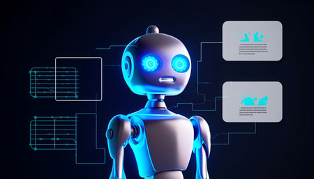 3d rendering humanoid robot with artificial intelligence concept on dark blue backgroundの素材