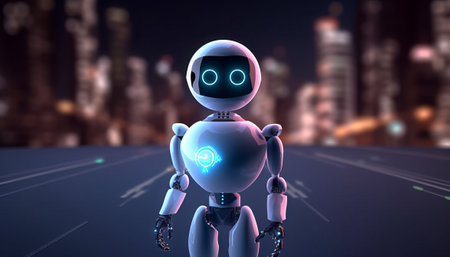 Robot on city background. 3D rendering. Artificial intelligence concept.の素材