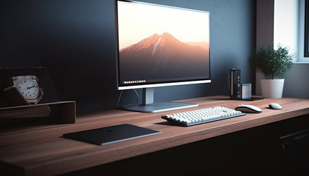 Modern workspace with computer, mouse, keyboard and other items. 3D Renderingの素材