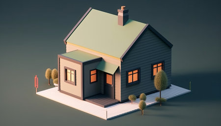 3d rendering of a small house with a roof made of woodの素材