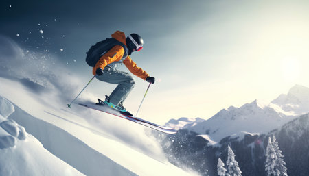 Young man skiing downhill in high mountains at sunny day. Mixed mediaの素材