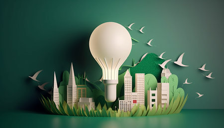 Light bulb in green city with paper cut cityscape and flying birds. 3D renderingの素材