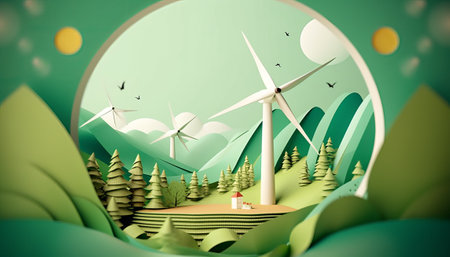 Windmill in the mountains. 3D illustration. Ecology concept.の素材