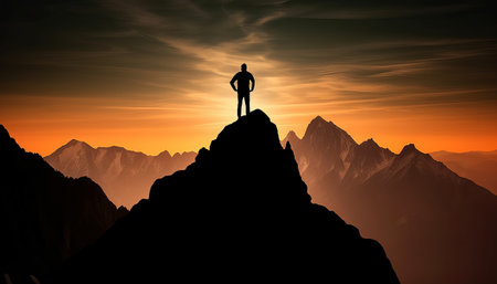 Silhouette of a man standing on the top of a mountainの素材