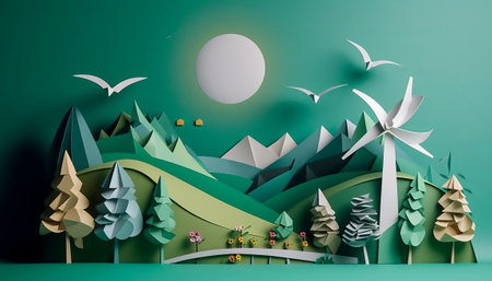 Paper cut landscape with windmill and mountains. 3D rendering.の素材