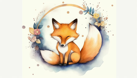 Cute cartoon fox with floral frame on white background. Watercolor illustration.の素材