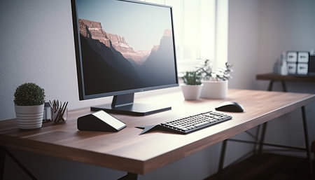 Workplace with computer and office supplies on wooden table. 3D Renderingの素材