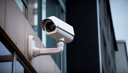CCTV security camera or surveillance system in modern office building exterior.の素材