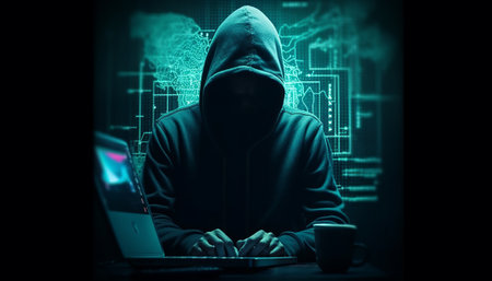 Hacker in hood stealing information from computer. Computer security concept.の素材