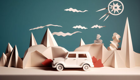 3d illustration of a retro car on the background of the mountainsの素材