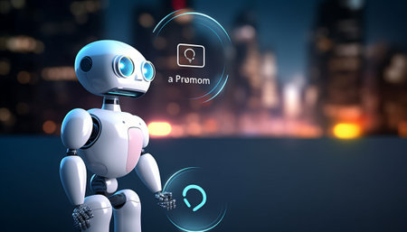 Robot on blurred background using digital interface 3D rendering toned imageの素材