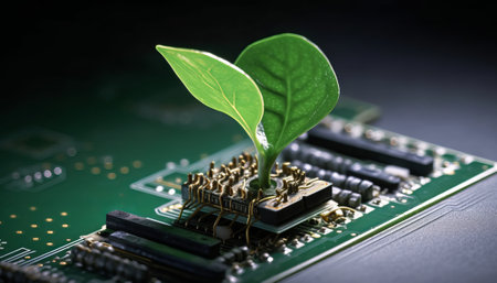Green plant growing out of electronic circuit board. Green energy concept.の素材