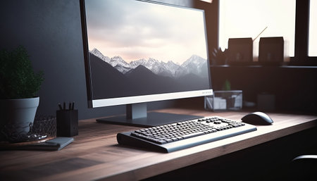 Close up of modern workplace with computer on wooden table. 3D Renderingの素材