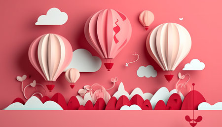 Paper art of hot air balloons flying in the sky. 3d renderingの素材