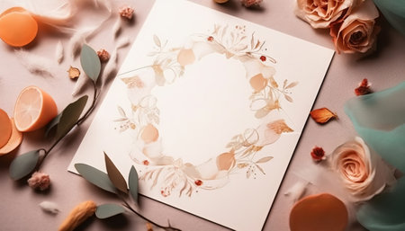 top view of blank paper sheet with floral decoration on table, flat layの素材