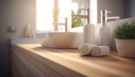 Bathroom interior with sink, mirror and towel. 3d renderingの素材