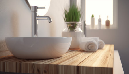 Bathroom interior with sink and towel on wooden countertop. 3d renderの素材