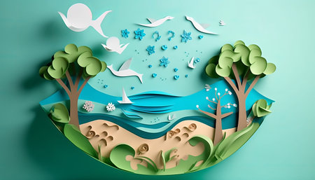Paper art style of paper cut landscape with seagulls and treesの素材