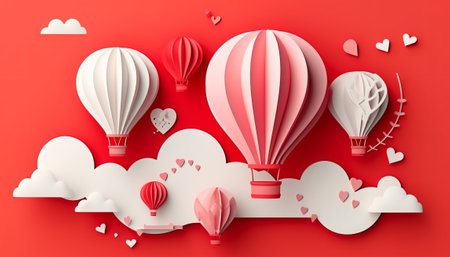Paper art hot air balloons flying in the sky. 3d renderingの素材