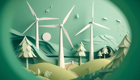 Wind turbines in the mountains. 3d illustration. Nature background.の素材