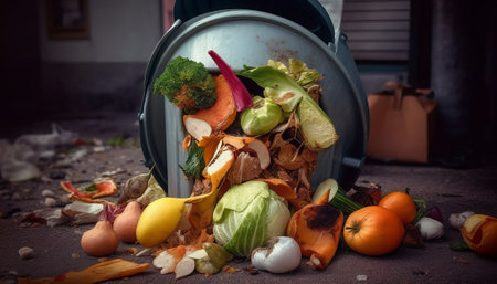 Garbage bin full of vegetables and fruits. Selective focus.の素材