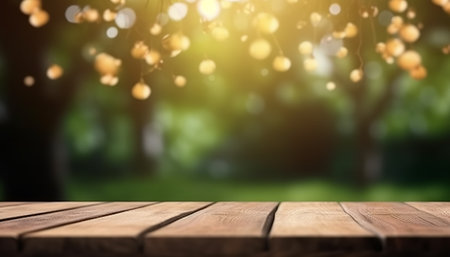 Wooden table in front of blurred background with bokeh effectの素材