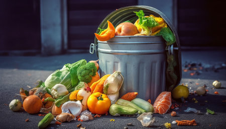 Garbage bin full of vegetables and fruits. Food waste concept.の素材
