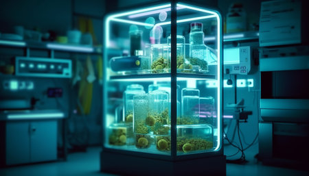 Science laboratory research and development concept. 3d rendering toned image double exposureの素材