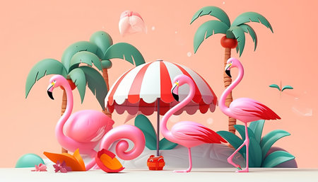 3d illustration of flamingo summer background with palm tree and beach umbrellaの素材