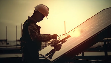Technician or engineer working on solar power plant,sunset backgroundの素材