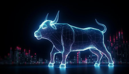 Digital bull hologram on dark background. 3d rendering toned imageの素材