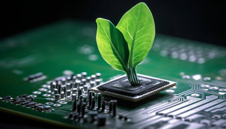Green plant growing out of a microchip on a computer circuit boardの素材