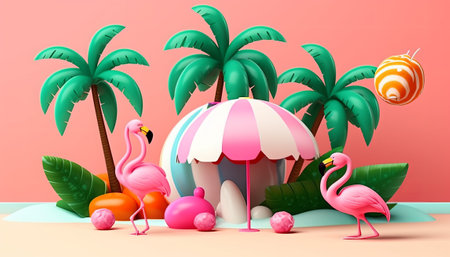 Summer background with palm trees and flamingo. 3D illustration.の素材