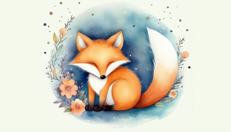 Cute cartoon fox with flowers. Watercolor illustration on white background.の素材