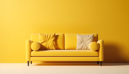 Yellow sofa with pillows on yellow wall background. 3d renderの素材