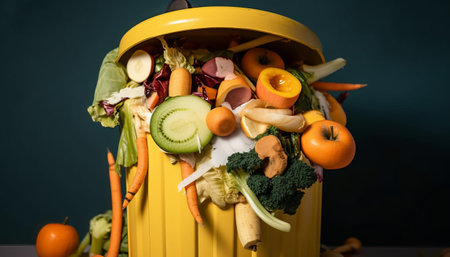 Close up of a trash can full of fresh vegetables and fruits.の素材