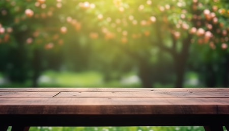 Empty wooden table for product display montage with blur garden background.の素材