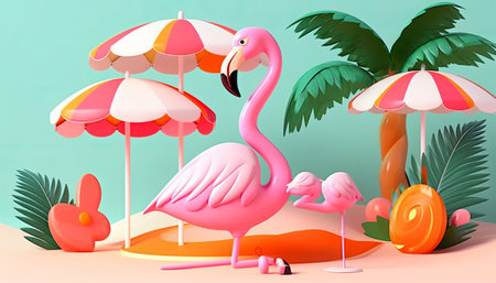 Summer beach with pink flamingo and palm trees. Vector illustration.の素材