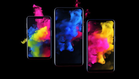 Smartphones with colorful smoke on a black background. 3d renderingの素材