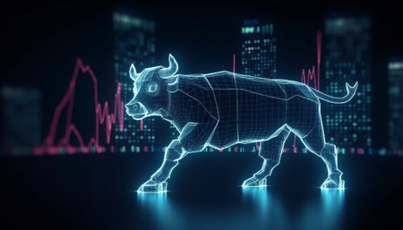 3d rendering of bull on dark background with stock market chart and lightsの素材