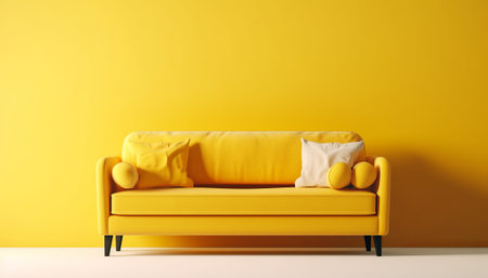Yellow sofa with pillows on yellow wall background. 3d renderの素材