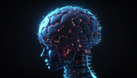 3d rendering of human head with brain and circuit on black backgroundの素材