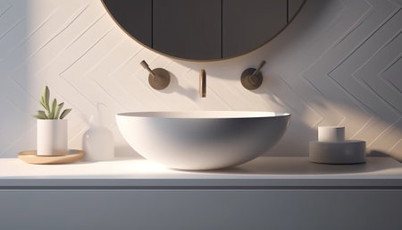 Bathroom interior with white bathtub and round mirror. 3d renderの素材