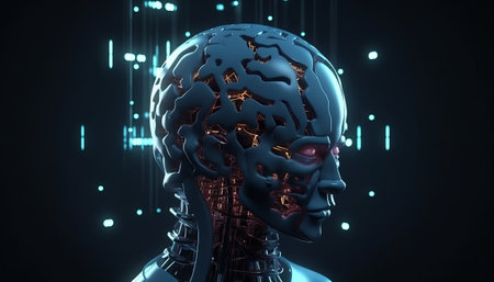 Cyborg head with circuit board. Artificial intelligence concept. 3D renderingの素材