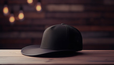 Black baseball cap on the wooden table with bokeh background.の素材